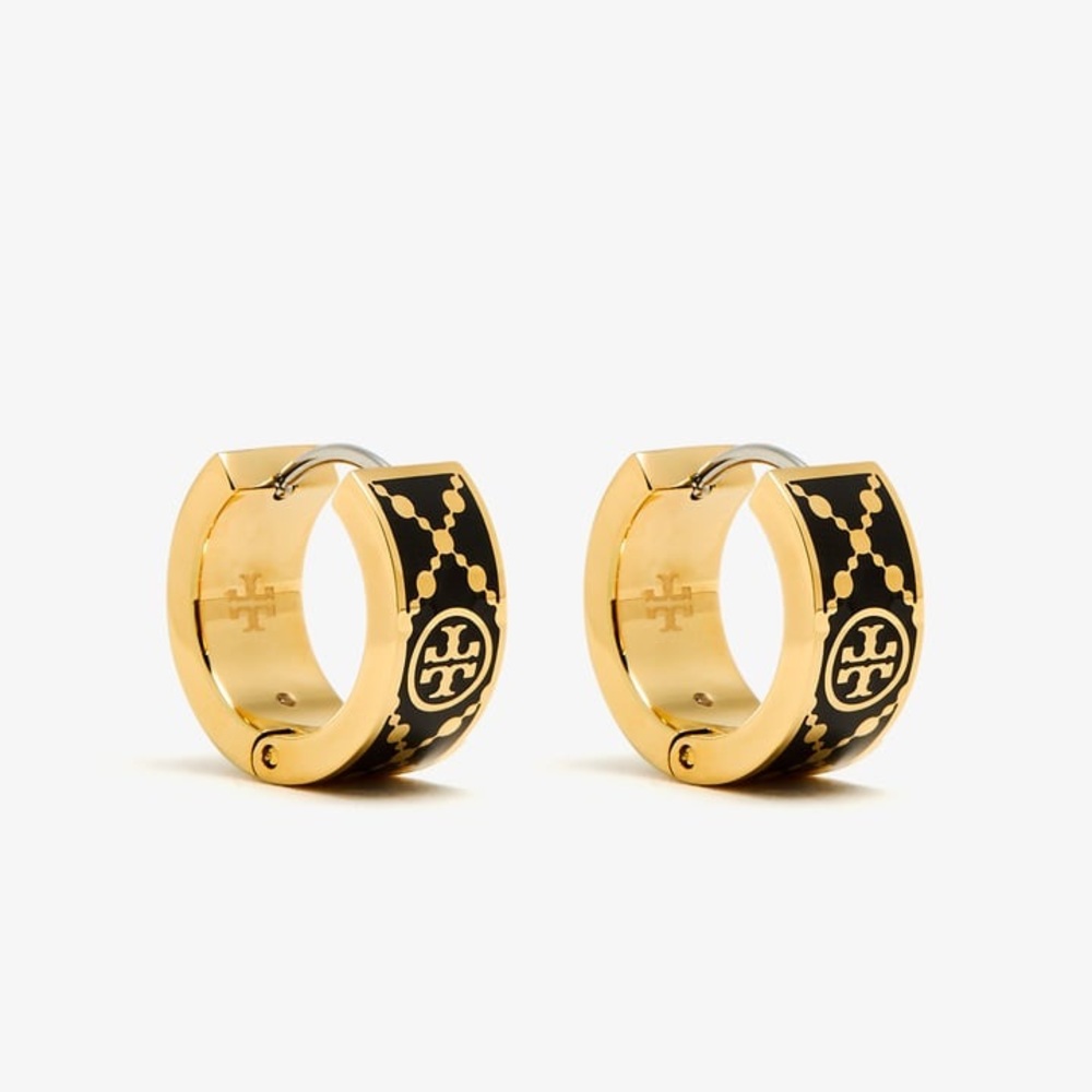 NIP Tory Burch Black and Gold T-Monogram Huggie Earrings - Picture 3 of 8